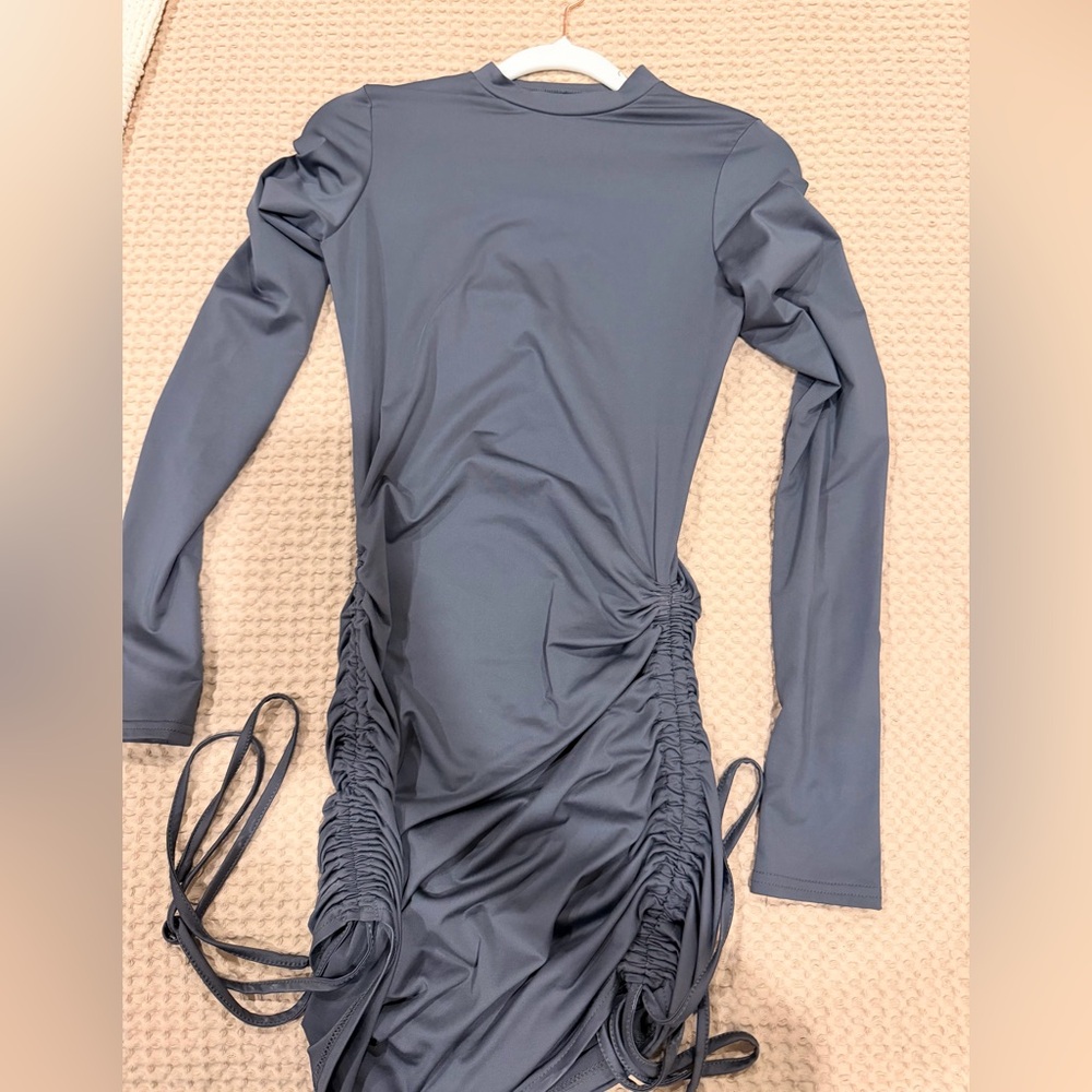 Long Sleeve Ruched Side Drawstring Dress - Slate Blue